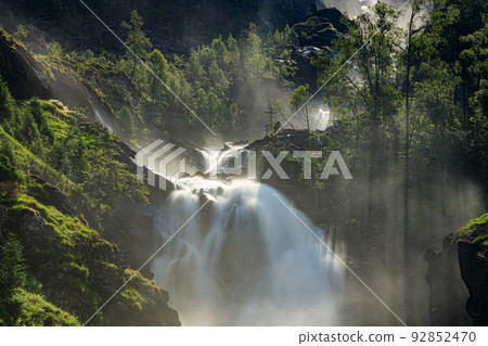 Latefossen Waterfall Odda Norway. Latefoss is a powerful, twin waterfall. 92852470