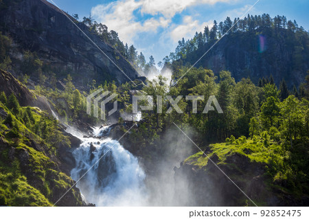 Latefossen Waterfall Odda Norway. Latefoss is a powerful, twin waterfall. 92852475
