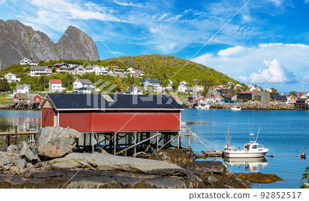 Norwegian boathouse Lofoten islands in the county of Nordland, Norway. 92852517