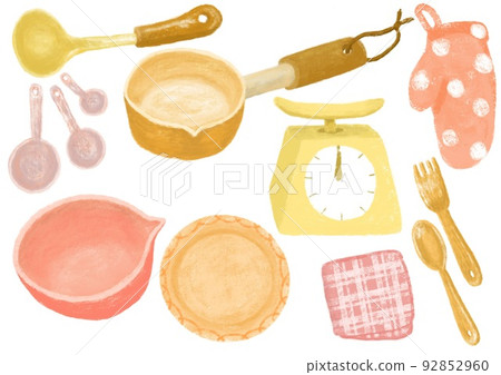 Set material of cooking utensils such as pots, spoons and plates in pastel style 92852960
