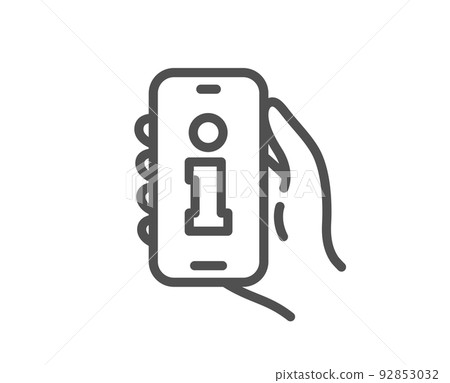 Info app line icon. Hand hold phone sign. Cellphone with screen notification symbol. Quality design element. Linear style info app icon. Editable stroke. Vector Info app line icon. Hand hold phone sign. Cellphone with screen notification symbol. Quality design element. Linear style info app icon. Editable stroke. Vector 92853032