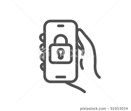 Locked app line icon. Hand hold phone sign. Cellphone with screen notification symbol. Quality design element. Linear style locked app icon. Editable stroke. Vector Locked app line icon. Hand hold phone sign. Cellphone with screen notification symbol. Quality design element. Linear style locked app icon. Editable stroke. Vector 92853034