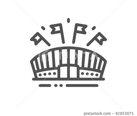 Sports arena line icon. Stadium with flags sign. Sport complex symbol. Quality design element. Linear style sports arena icon. Editable stroke. Vector 92853071