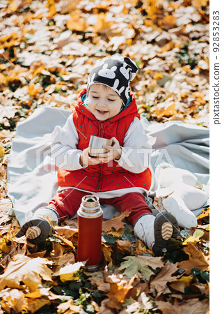 Little cute girl drinks tea from a thermos in the autumn park. Cute little toddler baby with thermos and cup Little cute girl drinks tea from a thermos in the autumn park. Cute little toddler baby with thermos and cup 92853283