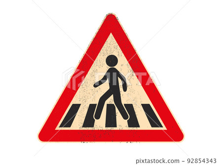 Traffic sign pedestrian crossing symbol on rusted and grungy metal board isolated on white background. 92854343