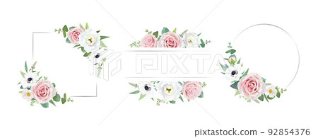Watercolor vector flower frames set. Garden pink roses, white anemones, lisanthus, seeded eucalyptus branches and greenery leaves. Wedding invite, save the date, greeting card editable template design 92854376