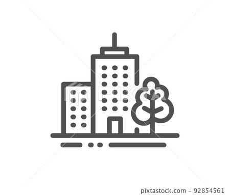Skyscraper buildings line icon. City architecture with tree sign. Town symbol. Quality design element. Linear style skyscraper buildings icon. Editable stroke. Vector 92854561