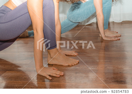 Two attractive athletic girls train asana yoga pose on mats on a light background. A group of young women stretch out in the gym. Healthy lifestyle concept Two attractive athletic girls train asana yoga pose on mats on a light background. A group of young women stretch out in the gym. Healthy lifestyle concept 92854783