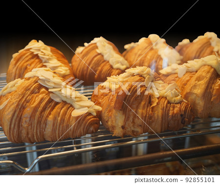 hot croissants on stainless steel, on blur background, sweet, food, copy space hot croissants on stainless steel, on blur background, sweet, food, copy space 92855101