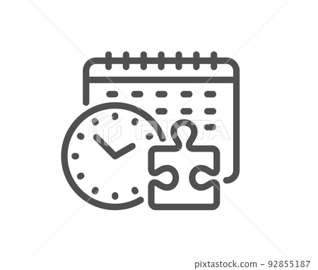 Puzzle time line icon. Jigsaw piece with clock sign. Business challenge symbol. Quality design element. Linear style puzzle time icon. Editable stroke. Vector Puzzle time line icon. Jigsaw piece with clock sign. Business challenge symbol. Quality design element. Linear style puzzle time icon. Editable stroke. Vector 92855187