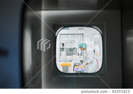 Women work in the lab. Conducts experiments on vaccines. 92855823