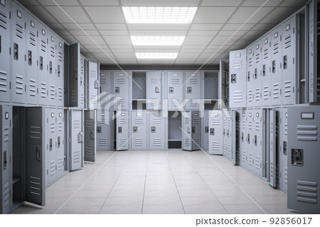 School Locker room with open and closed doors. 92856017