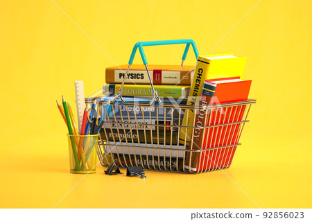 School supplies. Books in a shopping basket, pencils on yellow background. 92856023