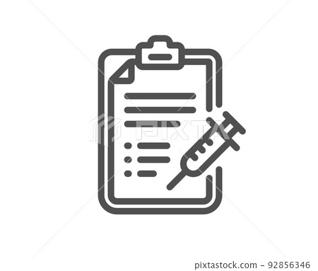 Vaccine report line icon. Vaccination syringe sign. Injection schedule symbol. Quality design element. Linear style vaccine report icon. Editable stroke. Vector Vaccine report line icon. Vaccination syringe sign. Injection schedule symbol. Quality design element. Linear style vaccine report icon. Editable stroke. Vector 92856346