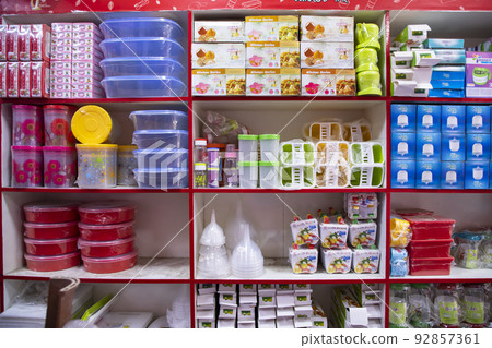 Colorful Varieties Plastic houseware products on the supermarket Shelf Colorful Varieties Plastic houseware products on the supermarket Shelf 92857361