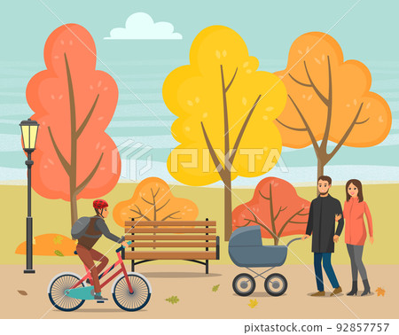 People Walking in Autumn Park with Kid or Bike 92857757