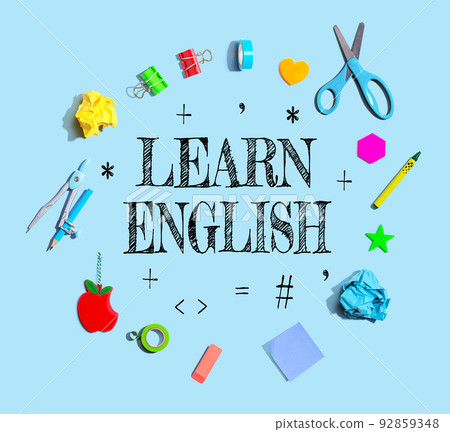 Learn English theme with school supplies - flat lay 92859348