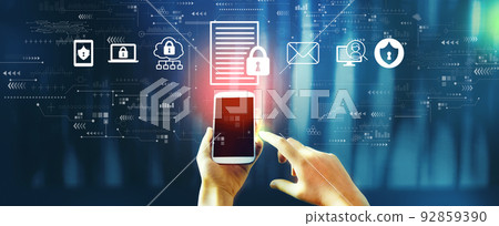 Data protection concept with person using smartphone Data protection concept with person using smartphone 92859390