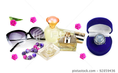 Set of fashion accessories for ladies. Sunglasses, perfume and jewelry isolated on white. Collage. Set of fashion accessories for ladies. Sunglasses, perfume and jewelry isolated on white. Collage. 92859436