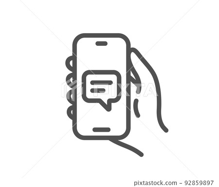 Chat app line icon. Hand hold phone sign. Cellphone with screen notification symbol. Quality design element. Linear style chat app icon. Editable stroke. Vector 92859897