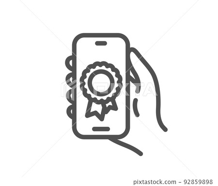 Award app line icon. Hand hold phone sign. Cellphone with screen notification symbol. Quality design element. Linear style award app icon. Editable stroke. Vector 92859898