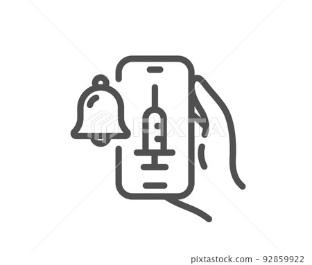 Vaccine announcement line icon. Vaccination phone app sign. Smartphone bell symbol. Quality design element. Linear style vaccine announcement icon. Editable stroke. Vector Vaccine announcement line icon. Vaccination phone app sign. Smartphone bell symbol. Quality design element. Linear style vaccine announcement icon. Editable stroke. Vector 92859922