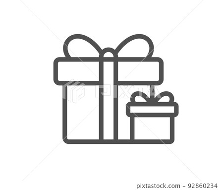 Gift boxes line icon. Present or Sale sign. Birthday Shopping symbol. Package in Gift Wrap. Quality design element. Linear style surprise package icon. Editable stroke. Vector 92860234