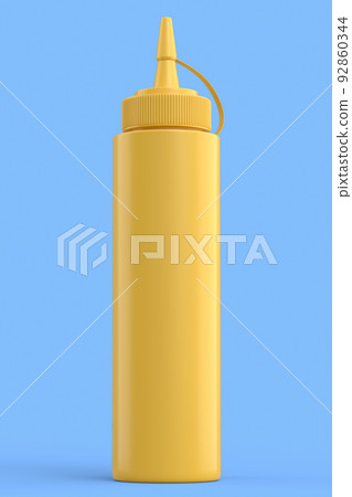 Plastic bottle of mustard sauce isolated on blue background. Plastic bottle of mustard sauce isolated on blue background. 92860344