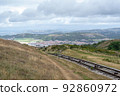 Great Orme Trams are linked by cable which makes it possible for the one tram to pull the other up 92860972
