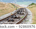Great Orme Trams are linked by cable which makes it possible for the one tram to pull the other up 92860976