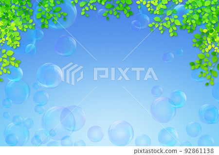 Soap bubbles floating in fresh green and blue sky 92861138