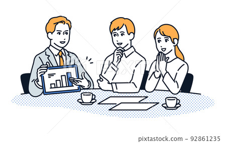 Vector illustration material of a young couple consulting with a man in a suit to explain Vector illustration material of a young couple consulting with a man in a suit to explain 92861235