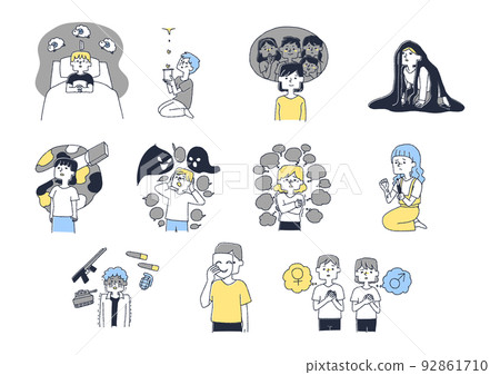 A set of people who are worried about their mental health Comical hand-drawn characters Vector, warm line drawing 92861710