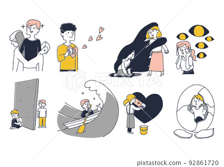 Set of illustrations for each stage of mental recovery and treatment Comical hand-drawn characters Vector, warm line drawing 92861720