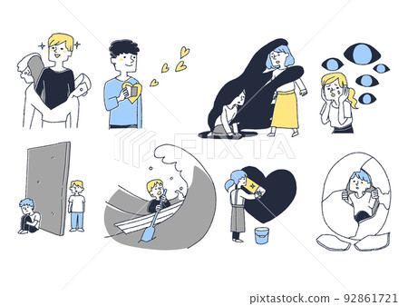 Set of illustrations for each stage of mental recovery and treatment Comical hand-drawn characters Vector, warm line drawing 92861721