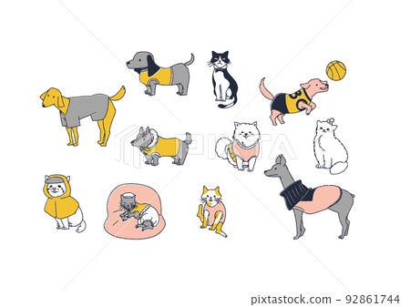 A set of various dogs and cats wearing clothes Comical hand-drawn animals Vector, warm line drawing 92861744