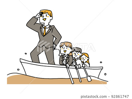 A business team going out to sea on a boat Comical hand-drawn characters Vector, warm line drawing 92861747