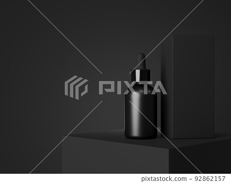 Black cosmetic dropper bottle and box mockup, facial serum packaging and branding visualization, care product template 92862157