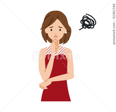 一個穿裙子的女人站著把手放在下巴上有問題 92862388