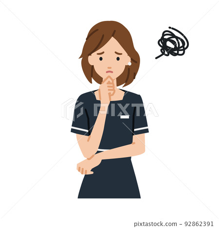 負責美容師、接待員或服務員的女性,在站立並將手放在下巴上時遇到麻煩 負責美容師、接待員或服務員的女性,在站立並將手放在下巴上時遇到麻煩 92862391