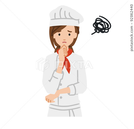 一個無法站立並將手放在下巴上的廚師女人 92862440