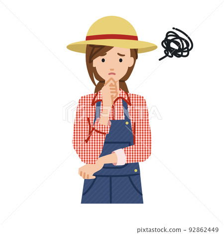 A farmer woman standing in trouble with her hand on her chin A farmer woman standing in trouble with her hand on her chin 92862449