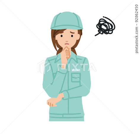 A female worker who is in trouble standing and putting her hand on her chin A female worker who is in trouble standing and putting her hand on her chin 92862450