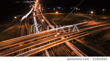 over Road city highway at night - Bird eye viwe - drone -Top view over Road city highway at night - Bird eye viwe - drone -Top view 92862660