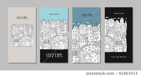 Vintage old city, cute houses. Concept art for your business. Creative ideas for cards, banner, web, promotional materials. Corporate identity template. Vector illustration 92863413