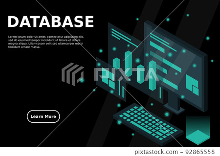 Data analysis in isometric vector design. Technician in datacenter or data center room background. Network mainframe infrastructure website layout Data analysis in isometric vector design. Technician in datacenter or data center room background. Network mainframe infrastructure website layout 92865558
