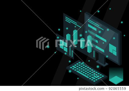 Data analysis in isometric vector design. Technician in datacenter or data center room background. Network mainframe infrastructure website layout Data analysis in isometric vector design. Technician in datacenter or data center room background. Network mainframe infrastructure website layout 92865559