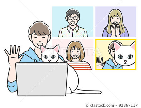 A cat peering into a remote meeting A cat peering into a remote meeting 92867117