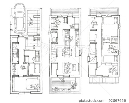遊覽家務流線和生活露台三層房屋佈局(黑白) 遊覽家務流線和生活露台三層房屋佈局(黑白) 92867636