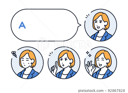 Suit woman's face icon and speech bubble set 92867828